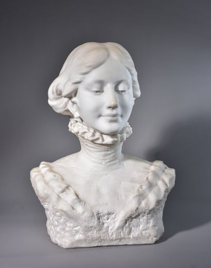 null A white marble woman's bust, resting on a varnished wood base with a doucine....