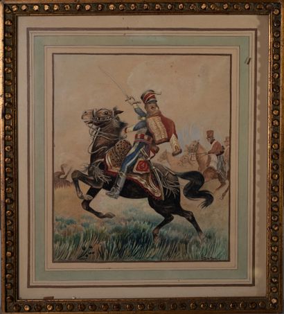 null Ch. de MONCLIN (XIXe) "Cavaliers du 1er Empire" Cinq gouaches aquarellées et...