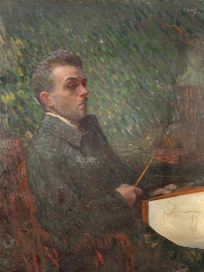 null PERRET (Early XXth) "Portrait of an artist" Oil on canvas signed in the upper...