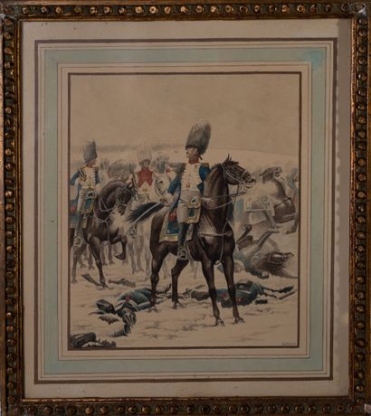 null Ch. de MONCLIN (XIXe) "Cavaliers du 1er Empire" Cinq gouaches aquarellées et...