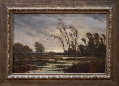 null Léon RICHET (1847-1907). School of Barbizon.

"Violent wind on the pond" Oil...