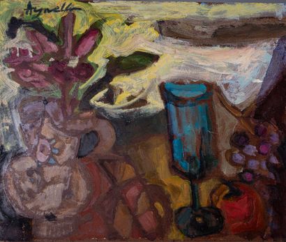 null Domenico AGNELLO (1921-1988) "Still life with blue glass" Oil on isorel, signed...