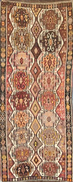 null KILIM, CAUCASUS, 19th century, beige, red and black background, composed in...