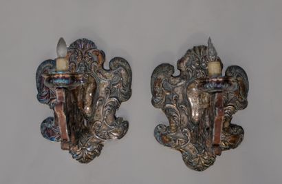 null BAROQUE] PAIR OF baroque style silver plated copper torch holders on wooden...