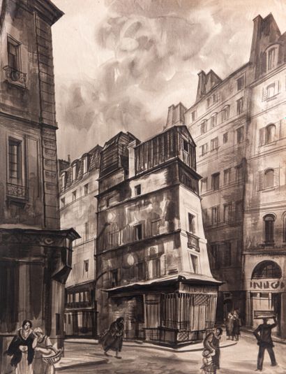 null Albert DECARIS (1901-1988) "Rue de Paris" Lavis sur papier, signé au crayon...