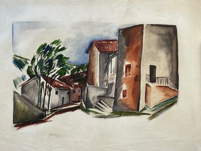 null Ossip ZADKINE (1890-1967), "Village", Aquarelle sur papier, signé, 1920, 62...
