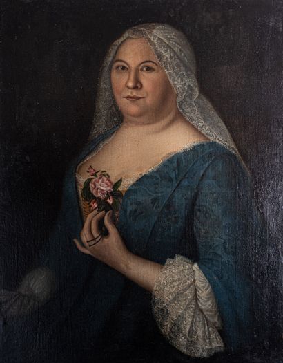 null FRENCH SCHOOL OF THE XIXth century, "Woman with roses and a blue dress", oil...