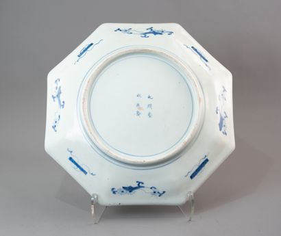 null [ASIE] PLAT octogonal en porcelaine bleu blanc d'un paysage animé. Marque apocryphe...