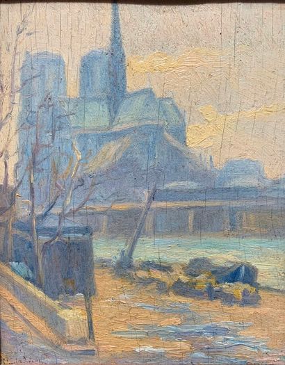 null Charles MENNERET (1876-1946) "Le chevet de Notre-Dame de Paris" Huile sur panneau...