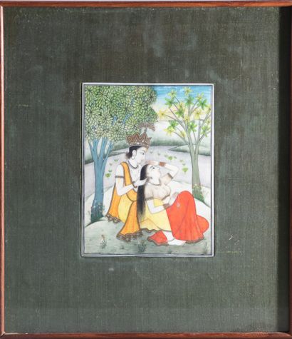 null MINIATURE persane figurant deux amants peint sur ivoire. XIXe siècle. 14 x 10,5...