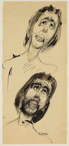 Edouardo GOERG (1893-1969) "Visages" Encre, signée en bas à droite, 20 x 43 cm