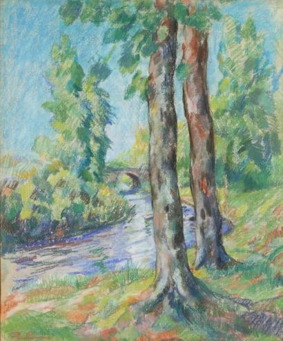 Armand GUILLAUMIN (1841-1927) "Grands arbres près de la rivière", Pastel, signé en...