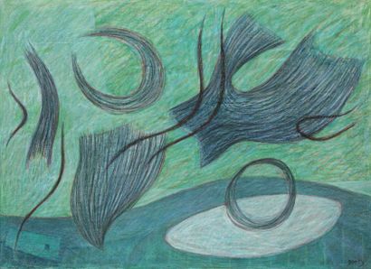 Henri GOETZ (1909-1989) "Abstraction en vert" Pastel chauffé et technique mixte sur...