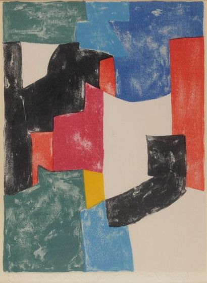 Serge POLIAKOFF (1900-1969) "Composition en rouge et bleu", Lithographie, signé en...