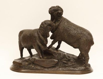 Jules MOIGNIEZ (1835-1894) « Bélier et brebis », Epreuve en bronze à patine brun...