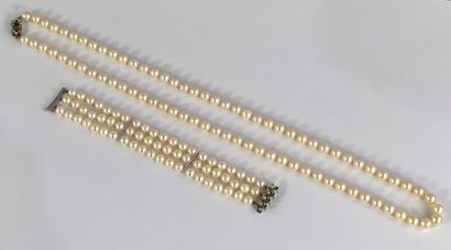 null PARURE: collier choker de 77 perles de culture d'environ 7 mm et bracelet 3...