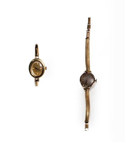 null TWO LADIES' WRIST WATCHES:

Gold case watch, bezel set with rose-cut diamonds...