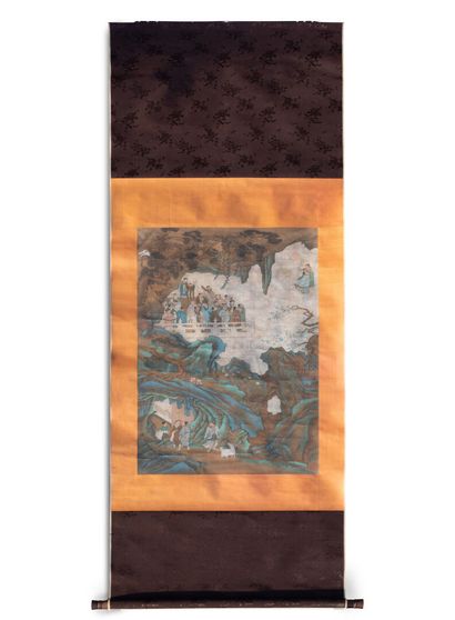 null CHINA - Early 20th century

Ink on silk, immortals in a blue and green landscape....