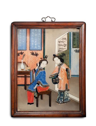 null CHINE, Canton - Fin XIXe siècle

Peinture fixée sous verre, deux jeunes femmes...
