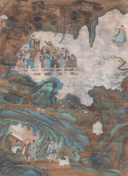  CHINE - Début XXe siècle 
Encre sur soie, immortels dans un paysage bleu et vert....