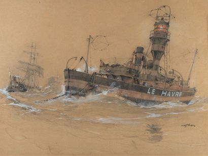 null Albert SEBILLE (1874-1953) 

The lighthouse boat Le Havre

Watercolor and gouache...