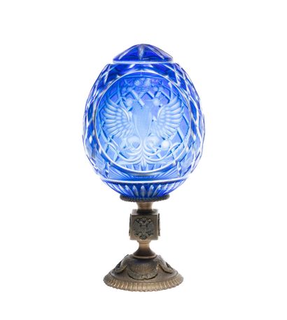 null FABERGE three blue cut crystal EGGS, one decorated with a dancer and a swan,...