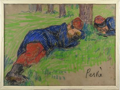 null Jean PESKE (1870-1949) 

Soldiers at rest

Pastel on paper 

Signed lower right

44...