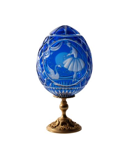 null FABERGE three blue cut crystal EGGS, one decorated with a dancer and a swan,...