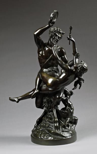D'apres CLODION (1738-1814) "Pan et Nymphe" Epreuve en bronze a patine brune, signe...
