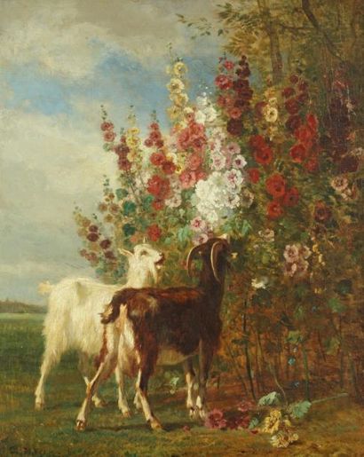 TROYON Constant (1810-1895) "Les chevres dans les roses tremieres" Huile sur toile...