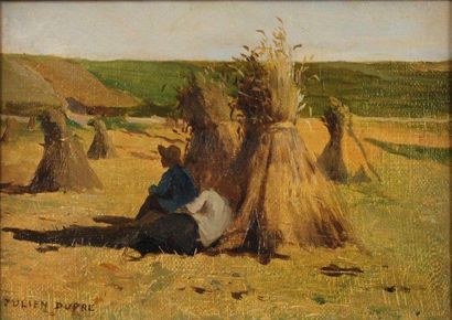 Julien DUPRE (1851-1910) "Le repos des moissonneurs" Huile sur toile, signee en bas...