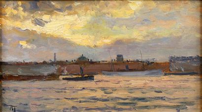 Michanl TKATCHENKO (1860-1919) "Coucher de soleil sur le port" Huile sur panneau,...