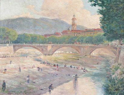 Jean Jacques ROUSSEAU (1861-1911) "Lavandieres" Huile sur toile, signee et dedicacee...