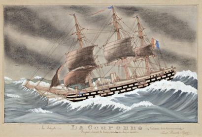 Paul Emile PAJOT (1873-1929) La fregate "la Couronne" Fuyant devant le Temps, sous...