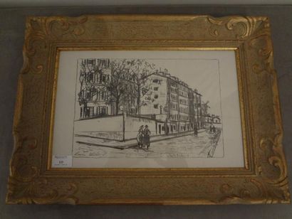 Maurice UTRILLO "Rue de Paris", Gravure en noir, signé dans la planche en bas à gauche,...