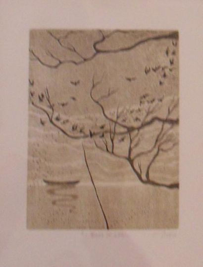 GIRAUD "Au bord de l'eau", gravure, signée, titrée dans la marge, 20 x 15,5 cm (à...