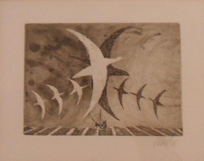 ECOLE MODERNE "Vol des oiseaux", gravure, signé en bas à droite, 15,5 x 21,5 cm (à...