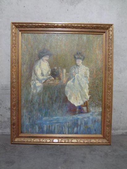 FLORENCE (Actif au début du Xxème siècle) "Deux femmes à la couture", Huile sur toile,...