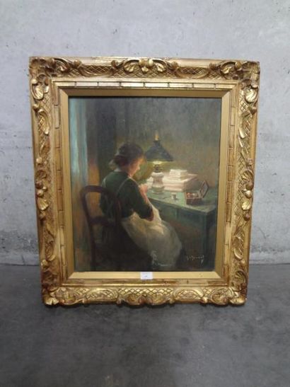 MONNOT Maurice (1869-1937) " La couture sous la lampe", Huile sur toile, signé en...