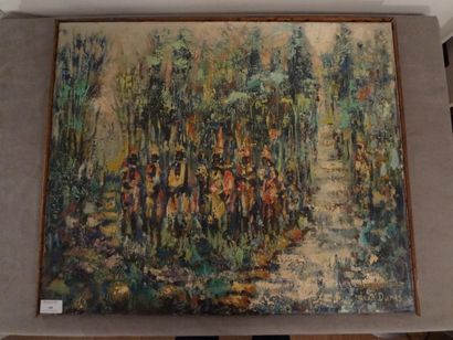 Jean DUPAS (1882-1964) Cavaliers en forêt Huile sur toile, signée en bas à droite...