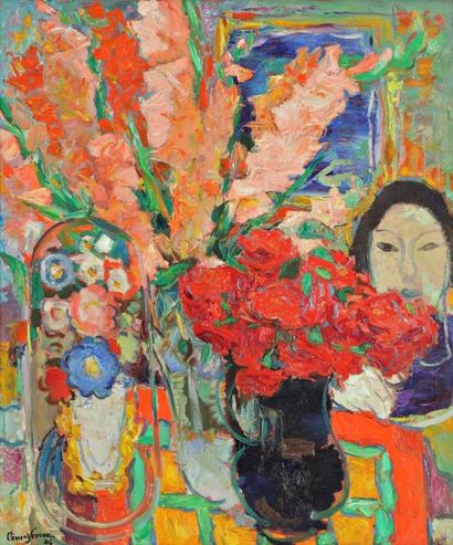Clement SERVEAU "Femme aux bouquet de fleurs", Huile sur toile, signé et daté 46...