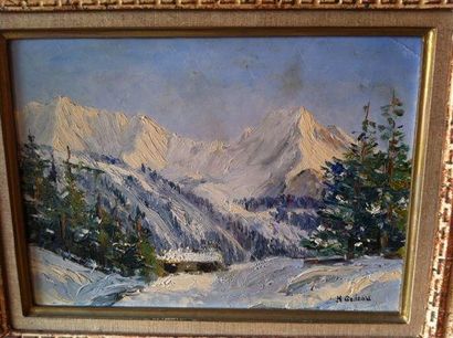 Hubert GODEAU (XX éme) Paysage de neige, huile sur panneau
