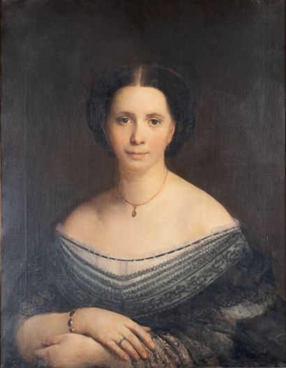 null Attribué à François-Auguste Biard (1798-1882) « Portrait de femme au collier...