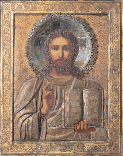 null Icône russe Fin du XIXème siècle 

"Christ pantocrator" 

Oklad finement ciselé...