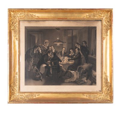 null « La réunion », Gravure, XIXe siècle. 

Cadre en bois doré Empire. 

71 x 85...