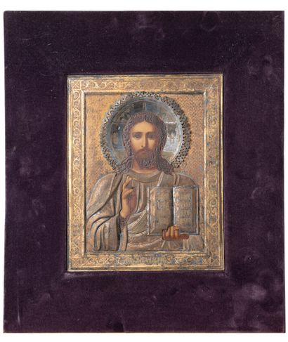 null Icône russe Fin du XIXème siècle 

"Christ pantocrator" 

Oklad finement ciselé...