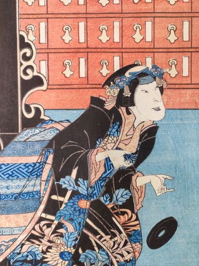 null Sadahiro (actif 1830-1850)

Oban tate-e, partie de triptyque, acteur en femme

agenouillée.

36,2...