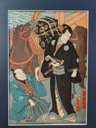 null Toyokuni III (1786-1865)

Triptych oban tate-e, samurai with his horse and seven...