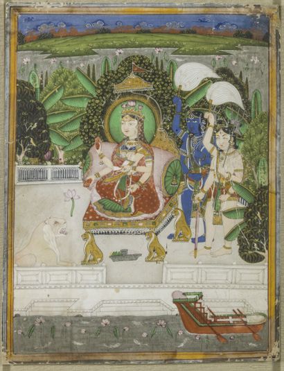null Miniature, India 19th century or earlier 

Four-armed deity on a throne, his...