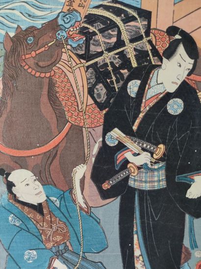 null Toyokuni III (1786-1865)

Triptych oban tate-e, samurai with his horse and seven...